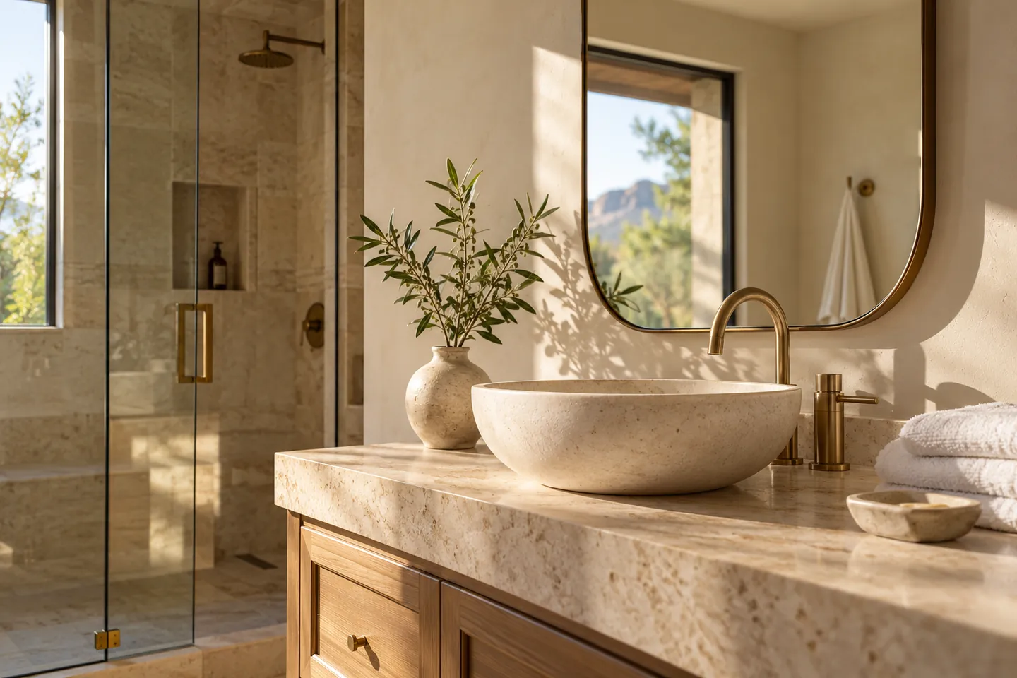 Clean contemporary bathroom with soft neutral stone accents