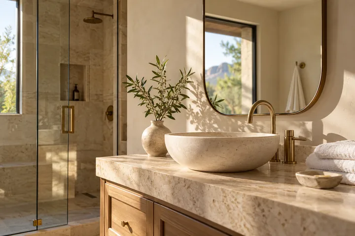Bright, spotless bathroom with travertine vanity and desert-inspired details