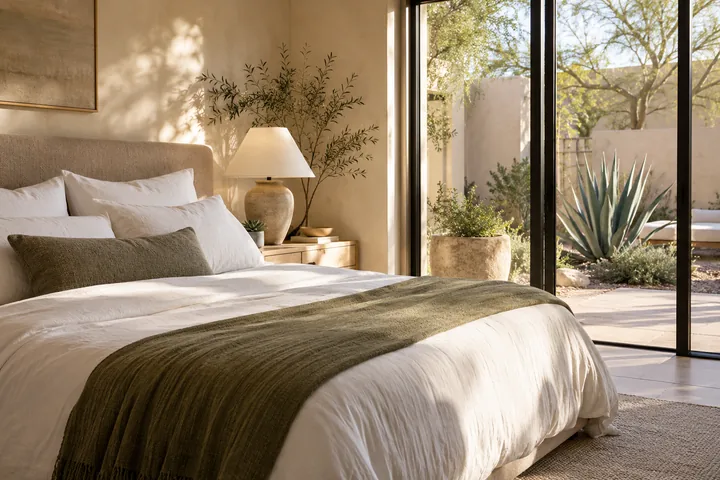 Freshly made bedroom with natural textures and soft Arizona sunlight