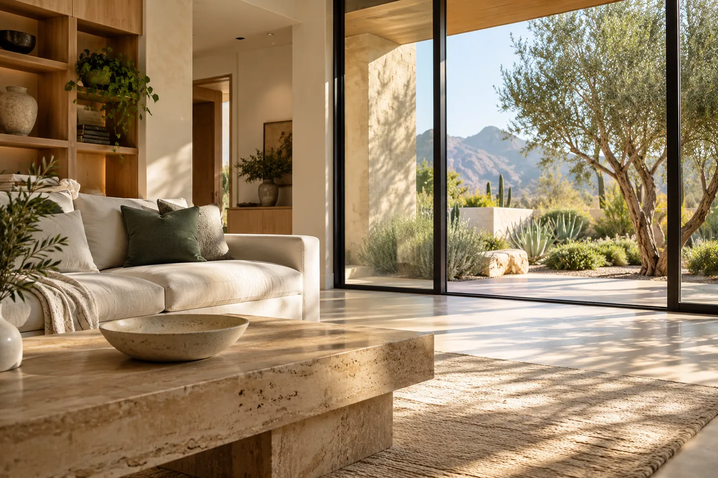 Sun-filled desert-modern Phoenix living room with warm travertine and views of the Arizona mountains